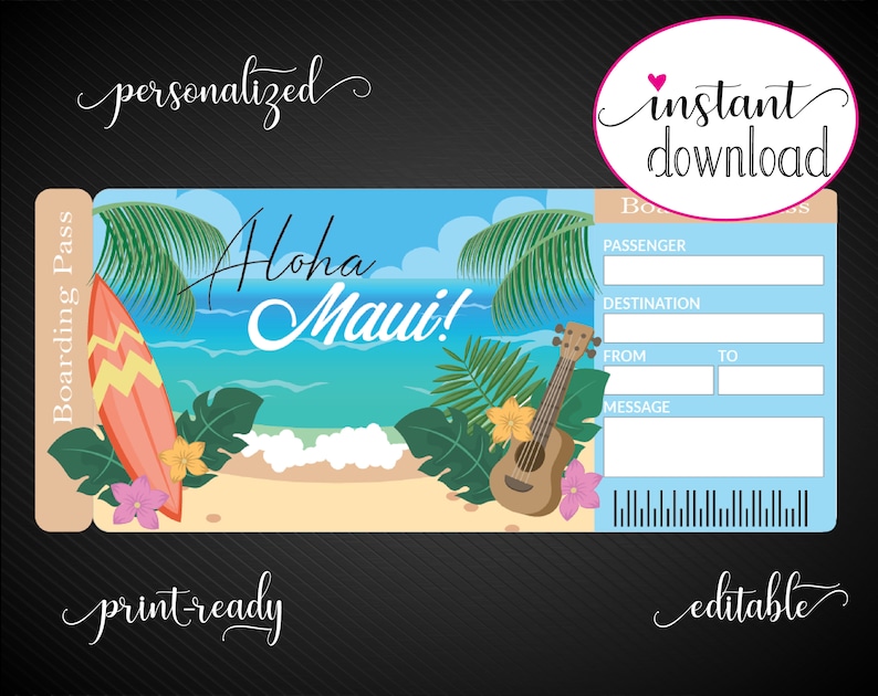Printable MAUI Surprise Trip Gift Ticket. Boarding Pass. Etsy