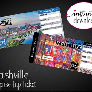 Puede incluir: Dos tarjetas de embarque imprimibles para un viaje a Nashville, Tennessee. La tarjeta superior presenta una foto del horizonte de la ciudad con un puente y un r&iacute;o. La tarjeta inferior presenta una foto de una escena callejera con una tienda de discos y letreros de ne&oacute;n. Ambas tarjetas tienen espacios para el nombre del pasajero, el destino y un mensaje.