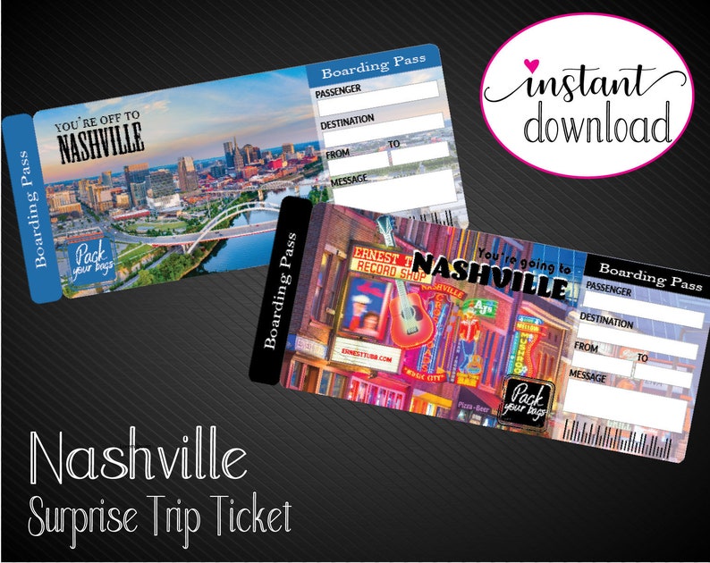 Puede incluir: Dos tarjetas de embarque imprimibles para un viaje a Nashville, Tennessee. La tarjeta superior presenta una foto del horizonte de la ciudad con un puente y un r&iacute;o. La tarjeta inferior presenta una foto de una escena callejera con una tienda de discos y letreros de ne&oacute;n. Ambas tarjetas tienen espacios para el nombre del pasajero, el destino y un mensaje.