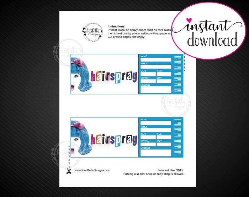 Printable HAIRSPRAY Broadway Surprise Ticket. Editable Musical Etsy
