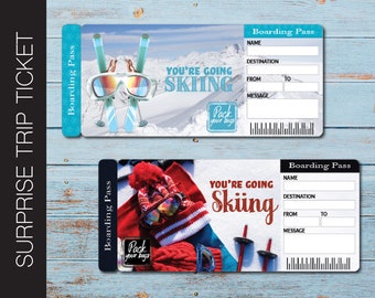 Printable SKIING Surprise Trip Gift Ticket. Boarding Pass. Trip Ticket. Vacation Ticket. Instant Download. Editable PDF File.