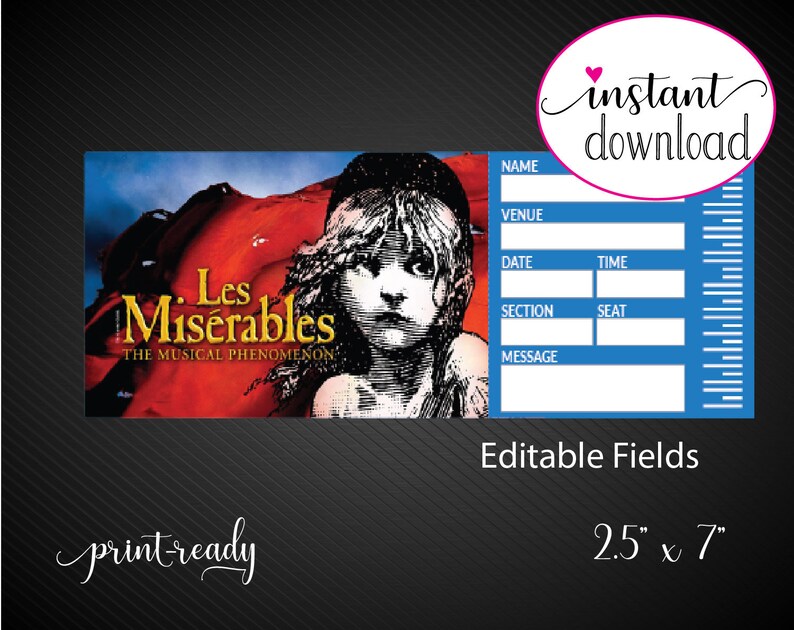 Printable LES MISERABLES Broadway Surprise Ticket Editable Etsy Ireland Printable LES MISERABLES Broadway Surprise Ticket Editable Etsy Ireland