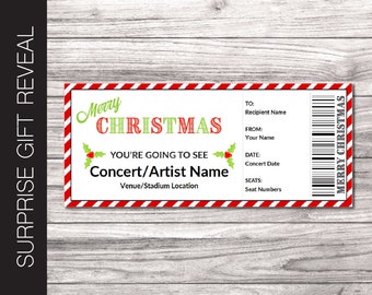 Printable CHRISTMAS Surprise Concert Ticket.  Editable Artist | Band | Venue Concert Reveal Coupon.  PdF Instant Download File.