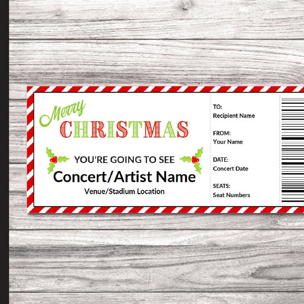 Printable CHRISTMAS Surprise Concert Ticket.  Editable Artist | Band | Venue Concert Reveal Coupon.  PdF Instant Download File.