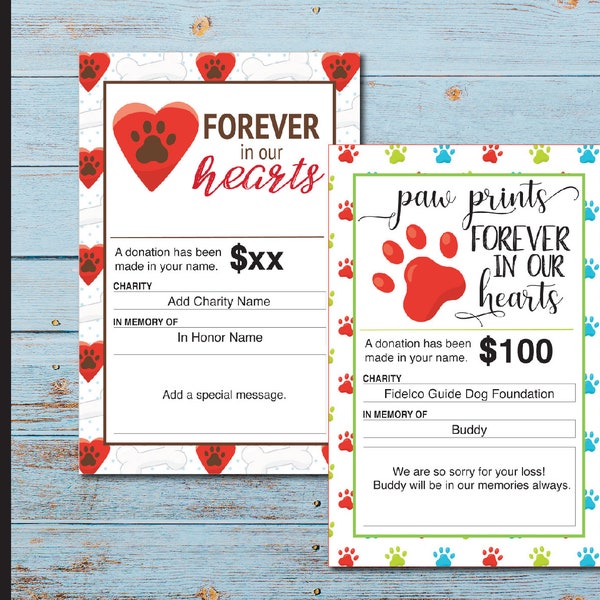 Printable PET LOSS Charity Donation Gift Card. Pet Sympathy. Dog Sympathy. Pet Rescue Charity. Printable Instant Download.