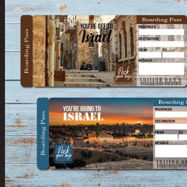 Printable ISRAEL Surprise Trip Gift Ticket. Boarding Pass. Trip Ticket. Vacation Ticket. Instant Download. Editable PDF File.