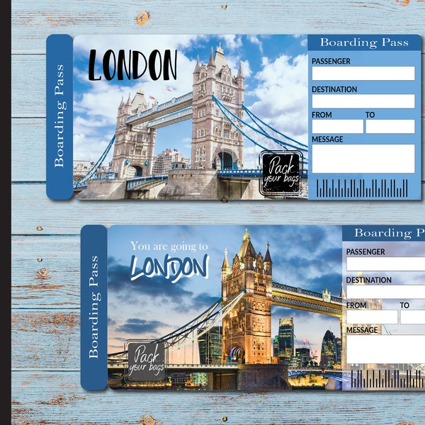 Billet cadeau imprimable LONDON Surprise Trip. Carte d'embarquement. Billet imprimable. Billet de voyage. Billet vacances. PDF modifiable Téléchargement instantané