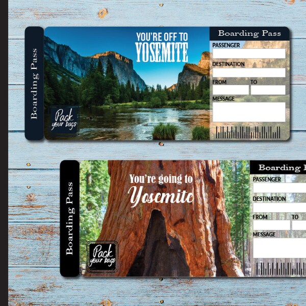 Printable YOSEMITE Surprise Trip Gift Ticket. Boarding Pass. Trip Ticket. Vacation Ticket. Instant Download. Editable PDF File.