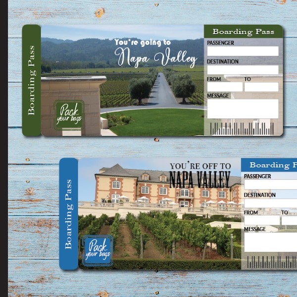 Printable NAPA VALLEY Surprise Trip Gift Ticket. Boarding Pass. Ticket. Trip Ticket. Vacation Ticket. Instant Download. Editable PDF File.