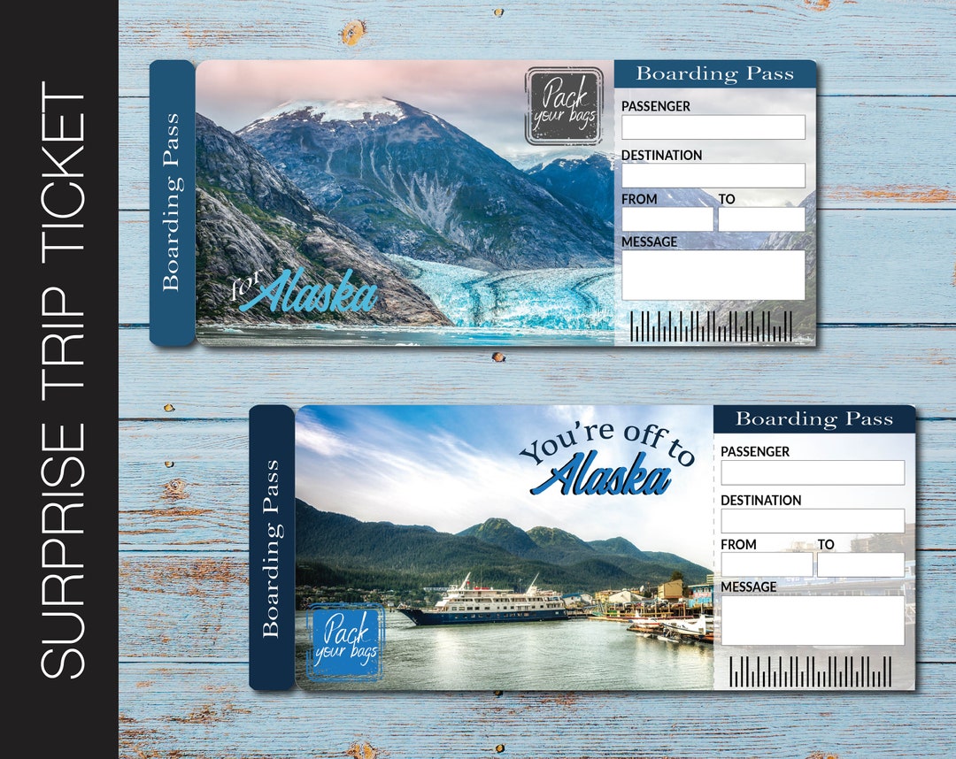 Printable ALASKA Surprise Trip Gift Ticket. Boarding Pass. Ticket. Trip