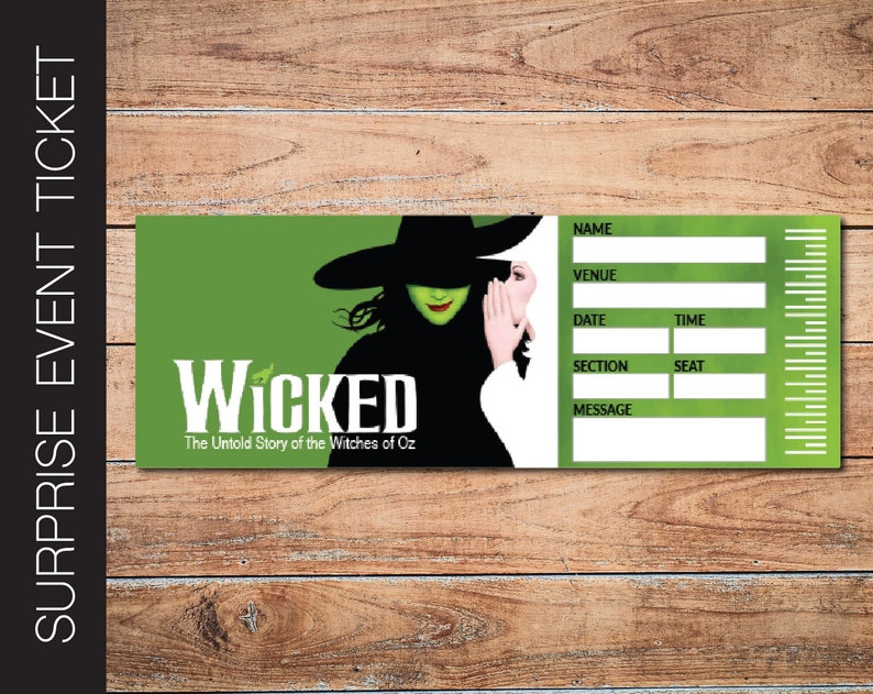 Printable WICKED Broadway Surprise Ticket. Editable Musical Theatre Faux Event Admission Souvenir Keepsake. PDF Instant Digital Download. image 1