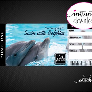 Printable SWIM With DOLPHINS Surprise Trip Tickets. Vacation Ticket ...