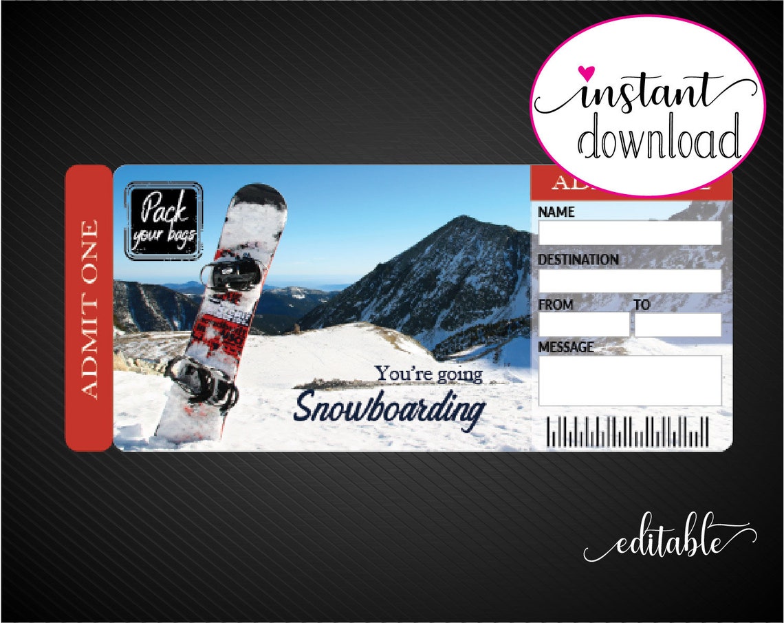 Printable SNOWBOARDING Surprise Trip Tickets. Vacation Ticket. Etsy
