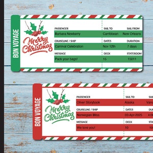 Christmas CRUISE Surprise Tickets. Christmas Themed  Gift Reveal Ticket.  Printable Boarding Pass. Instant Download.