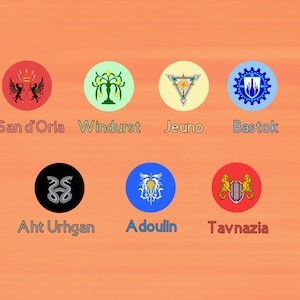 May include: A graphic showing the crests of the seven nations of Vana'diel from the MMORPG Final Fantasy XI. The crests are arranged in two rows of three, with the crest of Aht Urhgan in the center of the bottom row. The crests are all circular and feature various symbols, including a lion, a tree, a star, a gear, a snake, a phoenix, and a seahorse.