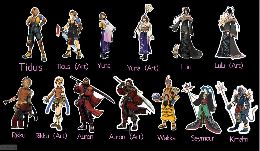 yuna, tidus, rikku, lulu, auron, and 2 more (final fantasy and 1 more)  drawn by anraku_cho