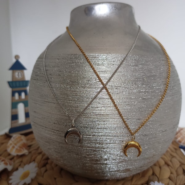 Collier demi lune acier inoxydable :  doré, collier argenté -  Collier unisexe - Idée cadeau pour Elle ou pour Lui -