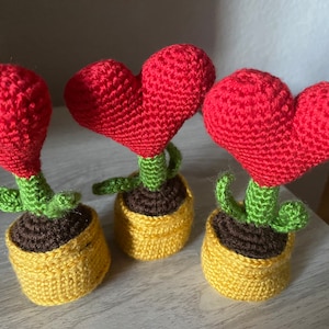 Crochet Heart Flowers | Gift for Her | Set of 3 Crochet Potted Flowers | Desk Decor | Home Decor