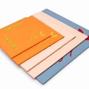May include: A stack of four square acrylic templates in orange, light pink, and blue. The top orange template features the text 5.00 Inches printed twice, along with a line-art bird and leaf design. Each template has a circular hole in the corner.