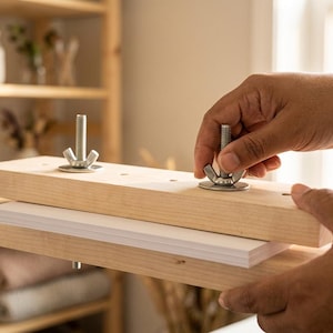 May include: A light-colored wooden bookbinding press consisting of two rectangular boards with metal threaded rods, washers, and wing nuts. The device holds a stack of white paper sheets between the wooden boards, secured by the metal hardware.