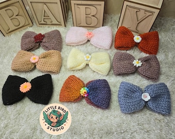 Knitted Bow Hair Clip with Flower • Soft Yarn Hair Accessory • Baby, Toddler & Girls Bow • Multiple Colors • Handmade Cottagecore Gift