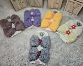 Handmade Knitted Bow Hair Clips with Cute Charm •Yarn Bow Barrettes • Cottagecore Hair Accessories • Toddler Girl Bows • Whimsical Gift