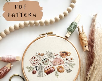 Tee Kaffee Bücher und Blumen Stickrahmen || Embroidery Hoop Art PDF Muster mit Anleitung || Digitaler Download