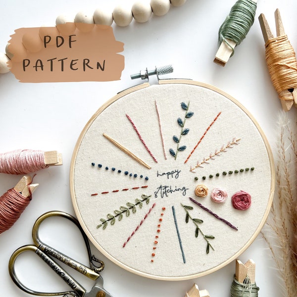 Learn to Stitch Embroidery Pattern || Sampler Embroidery Hoop Art PDF Pattern with Stitch Instructions || Digital Download