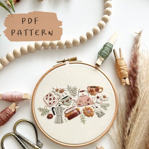 Tea Coffee Books and Flowers Embroidery Hoop || Embroidery Hoop Art PDF Pattern with Instructions || Digital Download