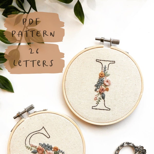 Floral Initial - 26 letters || Embroidery Hoop Art PDF Pattern with Instructions || Digital Download