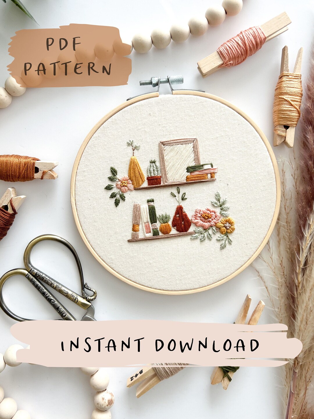 Boho Shelf Embroidery Pattern Floral Embroidery Hoop Art PDF Pattern