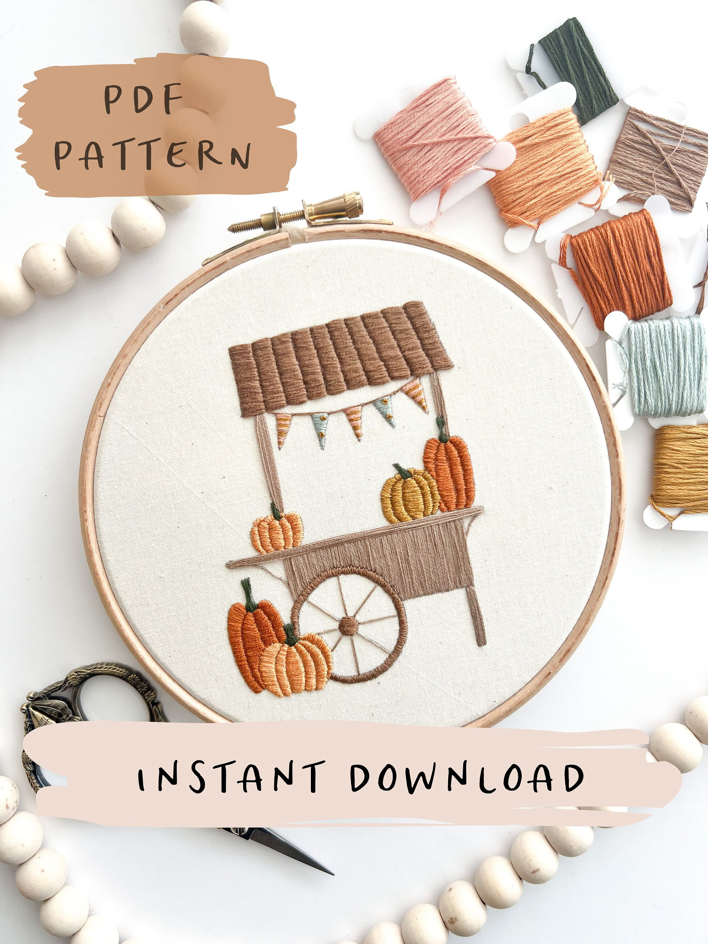 Patrón de bordado de carro de calabaza // Patrón PDF de arte de aro de bordado de otoño/otoño con instrucciones // Descarga digital