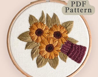 ひまわりの花束の刺繍パターン：初心者向けDIY（PDFパターン） - Etsy 日本