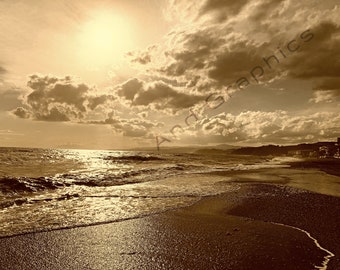 Beach Sunset #1F. Photo, photography, image, digital download, wallpaper, background, backdrop. Ocean sea sand clouds waves summer spring