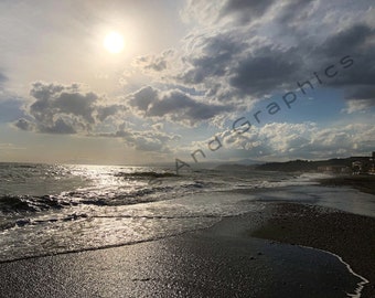 Beach Sunset #1B. Photo, photography, image, digital download, wallpaper, background, backdrop. Ocean sea sand clouds waves summer spring