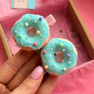 Felt Donut Hair Clips SET – Turquoise Sprinkle Hair Accessories for Girls – Cute Sumner Hair Clips for Kids – Birthday Gift for Donut Lover