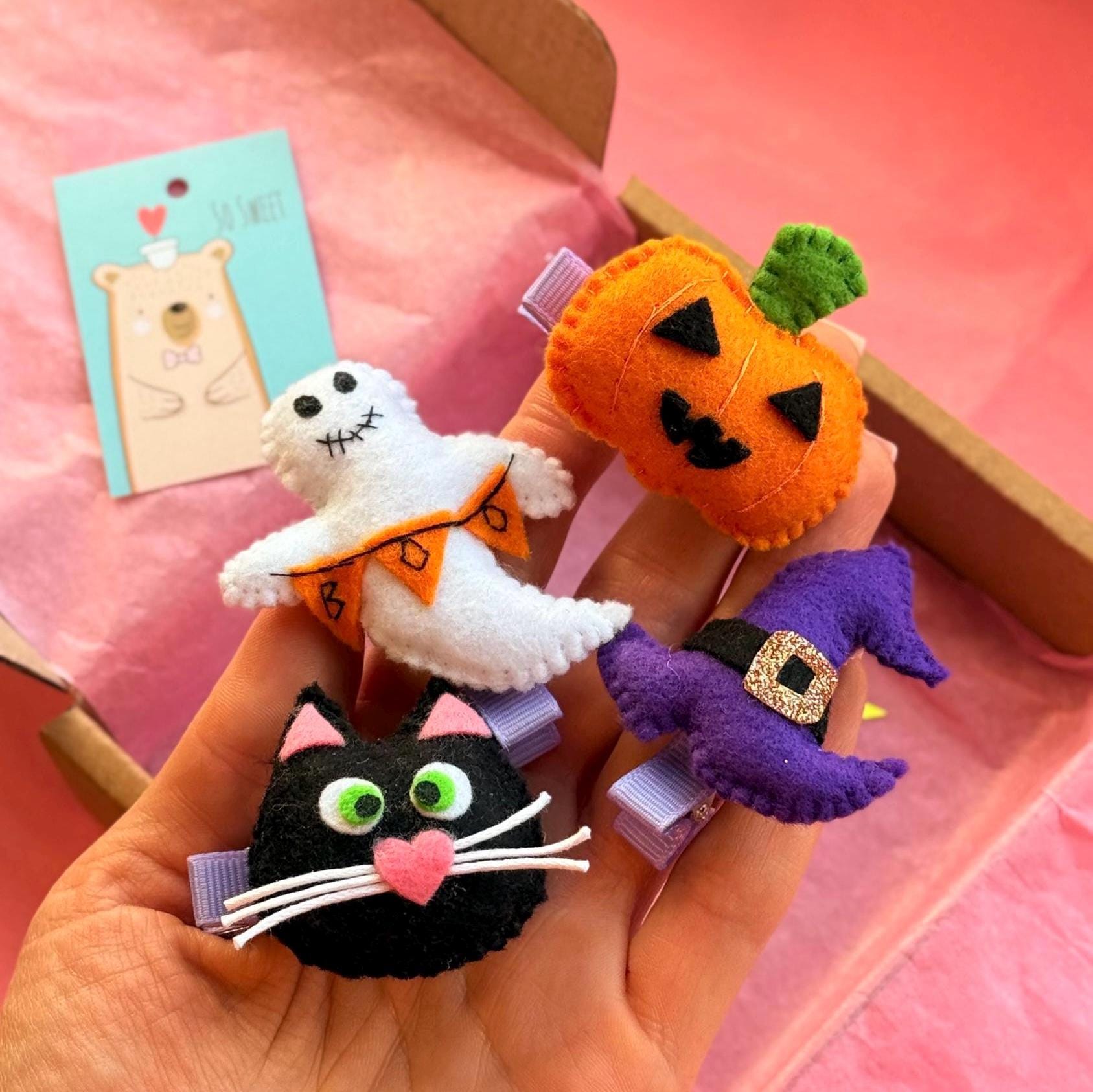 Halloween Hair Clips SET – Felt Ghost, Pumpkin, Cat & Witch Hat