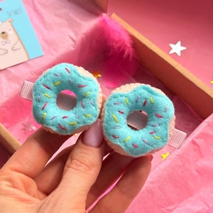 Blue Donut Hair Clips SET of 2ps– Felt Sprinkle Hair Barrettes for Girls – Cute Handmade Summer Hair Clips – Birthday Gift for Donut Lovers