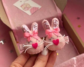 Juego de pinzas para el pelo de conejo de Pascua rosa, pasadores de fieltro hechos a mano, bonitos lazos para el pelo de conejo, lazo de conejo para bebé, regalo para amantes de los conejos.