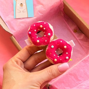 Pink Donut Hair Clips SET – Felt Sprinkle Hair Accessories for Girls – Cute Handmade Hair Clips for Kids – Birthday Gift for Donut Lovers