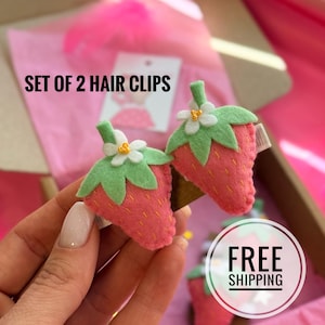 Pink Strawberry Hair Clips SET, Summer Berries Pins, Strawberry barrette, Strawberry 1st Birthday, Strawberry Outfit Girls, Fruit Headpiece