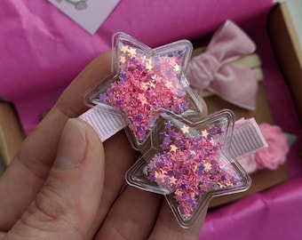 Pink star hair clips, Glitter star clips, Sparkle Hair Clip, Cute kids hair clips, Kawaii hair clip, Christmas girl gift, Toddler hair clips