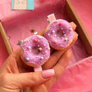 Donut Hair Clips SET for Girls – Handmade Felt Accessories – Cute Pastel Blue Hair Barrettes – Doughnut Hair Pins – Kawaii Gift for Kids