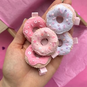 Pink donut hair clips, Sweets hair clips, Felt sweet hair accessory, Cute toddler hair clips, White donut hair clips, Donut birthday party