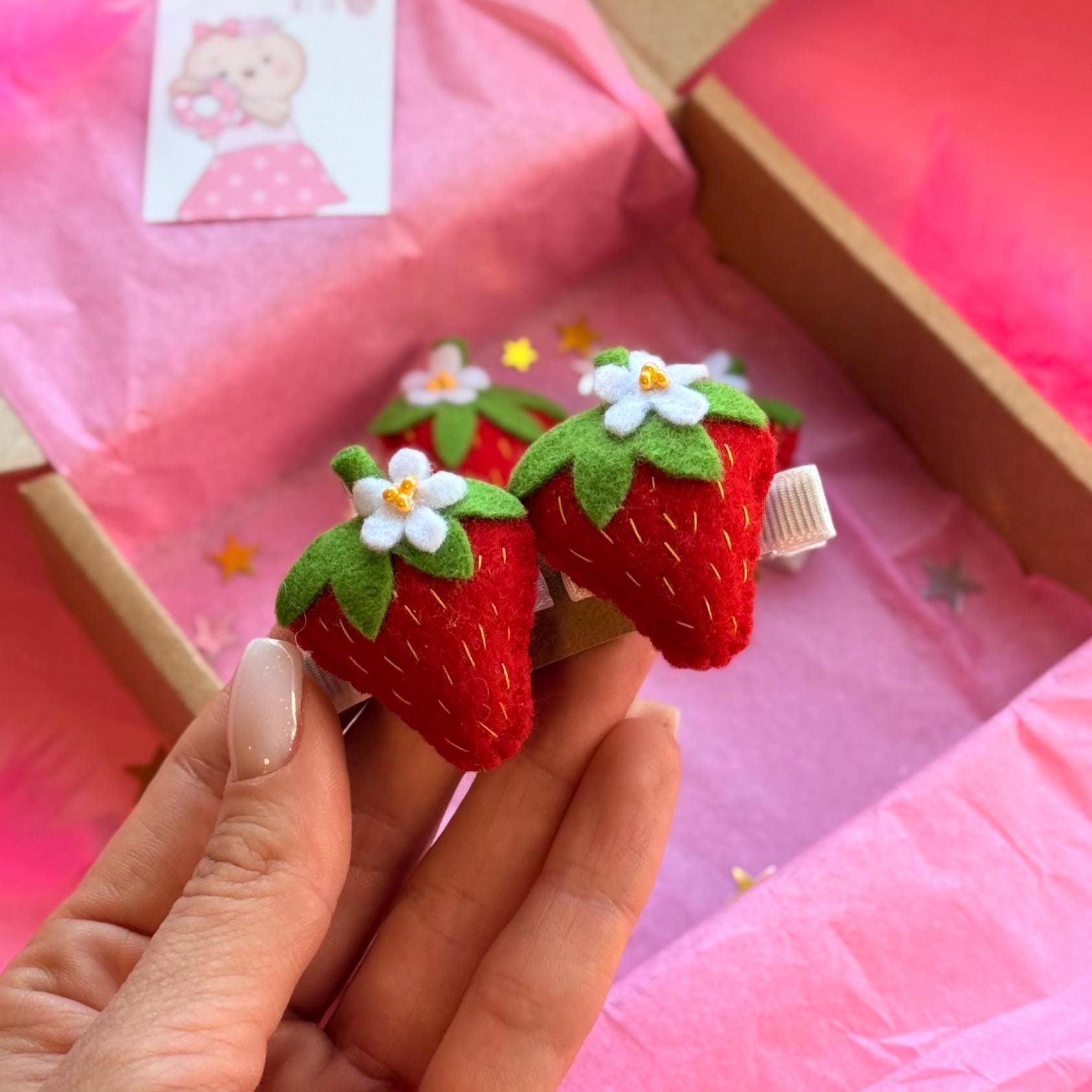 Felt Red Strawberry Hair Clips, Summer Berries Barrettes, Berry
