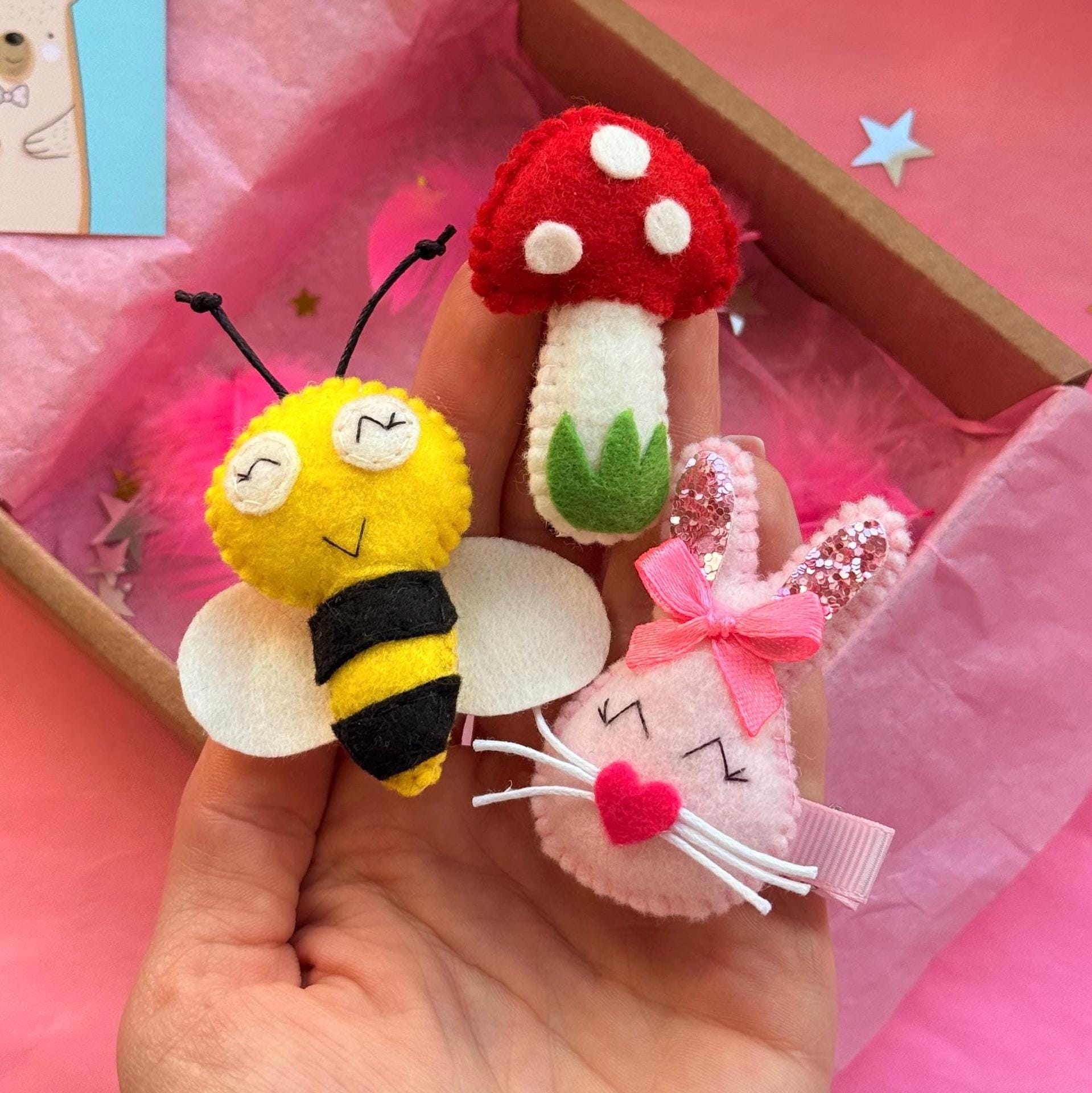 Forest Hair Clips Set of 3, Felt Bee Mushroom Bunny Barrette