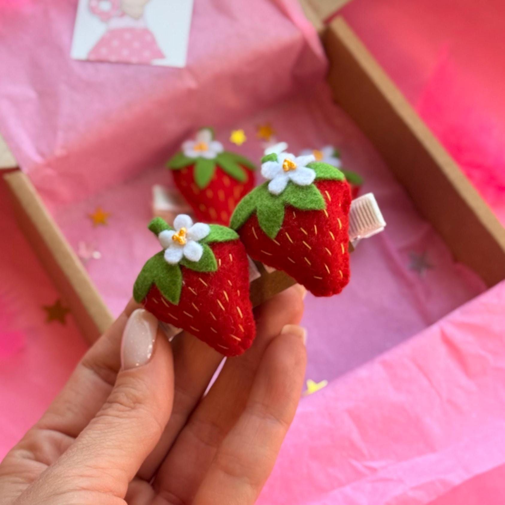 Felt Red Strawberry Hair Clips, Summer Berries Barrettes, Berry