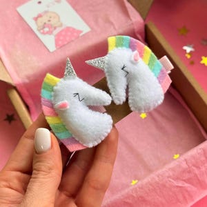 Unicorn Hair Clips for Girls – Rainbow Felt Hair Accessories – Handmade Set of 2 Barrettes — Unicorn Hair Bow Set — Unicorn Lovers Gift Idea