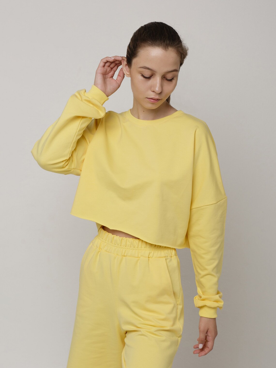 Banana yellow cotton sweatsuit / cropped sweatshirt and shorts | Etsy