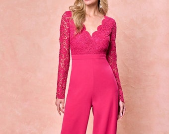 Simple wide leg Jumpsuit, lace Long Sleeves jumpsuit, key-hole back overalls,  wedding guest jumpsuit.  SALE, Ready to Ship!